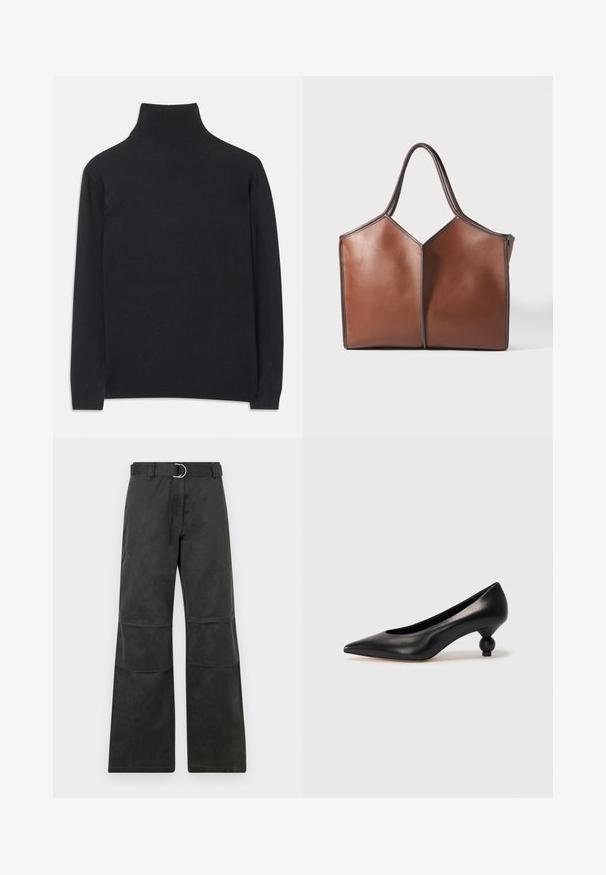 Zwarte coltrui gemaakt van zacht materiaal. Heeft lange mouwen, een hoge hals, en ribbelachtige boorden en onderkant voor een aansluitende look.; Zwarte wijde broek met een middelhoge taille, voorzien van een riem met een zilveren ronde gesp, en afgewerkt met kniestukken.; Zwarte leren hoge hak schoen met een spitse neus en een ronde, bolle hak. Gladde textuur met een elegant, minimalistisch ontwerp.; Bruine leren tote bag met donkerbruine accenten en dubbele handgrepen aan de bovenkant, met een gestructureerd ontwerp en zichtbare stiksels.