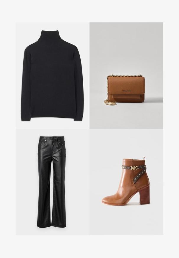 Black turtleneck sweater made of soft fabric. Features long sleeves, a high neck, and ribbed cuffs and hem for a fitted look.; Black leather trousers with a straight leg design, featuring a button fly, belt loops, and front pockets. Smooth texture and minimal detailing.; Brown leather ankle boot with stacked block heel, side strap featuring gold studs and a gold "MK" logo buckle.; Brown textured leather crossbody bag with gold chain strap and flap closure. Front features logo detail and a pocket under the flap.