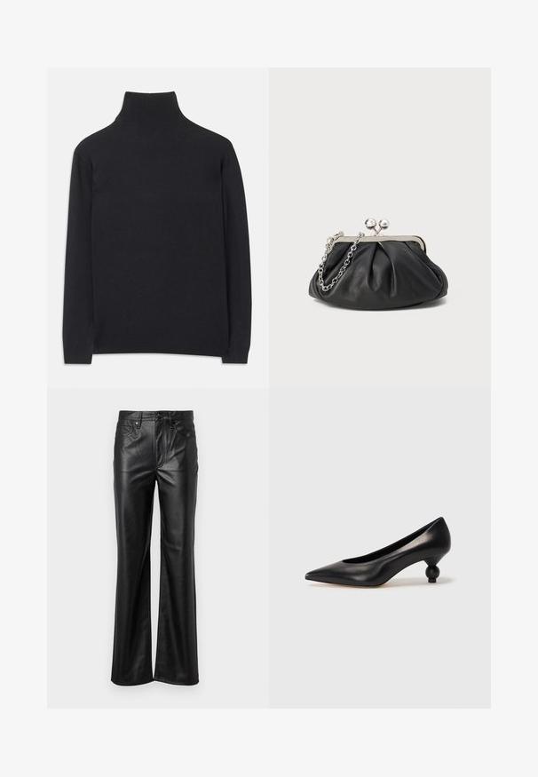 Sort turtleneck sweater lavet af blødt stof. Har lange ærmer, en høj hals, og ribbede manchetter og kant for et stramt look.; Sorte læderbukser med lige ben-design, der har en knaplukning, bæltestropper og forlommer. Glat tekstur og minimal detaljering.; Sort læder høje hæle med spids tå og rund, kugleformet hæl. Glat tekstur med et stilrent, minimalistisk design.; Sort læder clutch med samlet tekstur, sølvfarvet metalramme, kys-lås lukning og kædestrop. Glat, blød overflade.