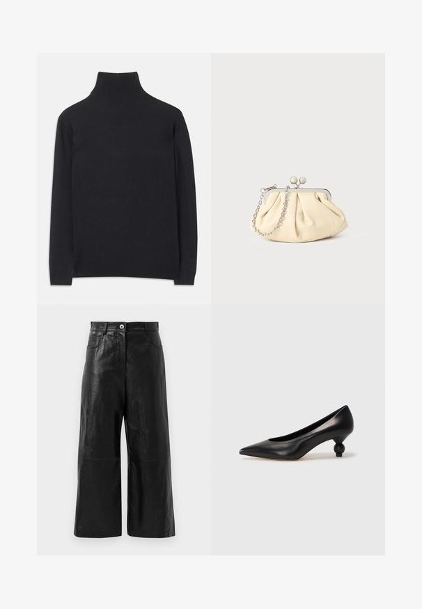 Svart polotröja i mjukt tyg. Har långa ärmar, hög krage och ribbade ärmar och nederkant för en figurnära look.; Svarta läderbyxor med vida ben och en slät yta, försedda med dragkedja och framfickor. Minimalistisk design med kort längd.; Svart läderhögklackad sko med spetsig tå och rund, bollformad klack. Slät yta med en elegant, minimalistisk design.; Plisserad beige läderclutch med en silvermetallram, som har två runda dekorativa lås och en silverkedjestrap.
