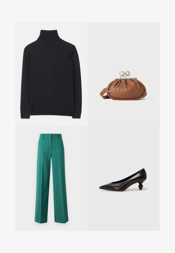 Musta poolkaelune sviiter, mis on valmistatud pehmest kangast. Omab pikki varrukaid, kõrget kaela ja soonikkoes mansette ning alläänt, mis tagavad keha lähedase ilme.; Vihreät leveälahkeiset housut, jotka on valmistettu sileästä kankaasta ja joissa on räätälöity istuvuus. Housuissa on etupleatit ja kaksitaskuinen muotoilu.; Musta nahkakengät korkealla korolla, joissa on terävä kärki ja pyöreä, pallomainen korko. Sileä pinta ja tyylikäs, minimalistinen muotoilu.; Ruskolehti nahka käärimispuss, jossa on hopeinen pallo-osa ja pieni hopeaketjuvalinta valkoista taustaa vasten.
