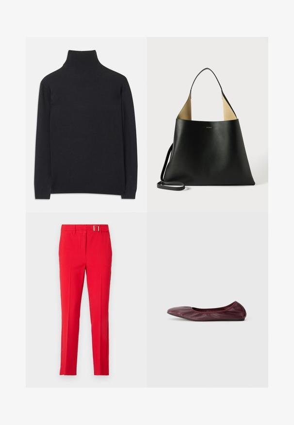Zwarte coltrui gemaakt van zacht materiaal. Heeft lange mouwen, een hoge hals, en ribbelachtige boorden en onderkant voor een aansluitende look.; Rode, op maat gemaakte broek van een gladde stof, slanke pasvorm, en een riem met een metalen gesp. Heeft scherpe plooien en zijzakken.; Ballet flats in diep bordeauxleer, met een rond neuspunt, elastische rand en een gladde textuur met subtiele plooidetails.; Zwarte leren handtas met een ruime, hoekige vormgeving. Voorzien van een contrasterende tan binnenkant en een dunne schouderband. Minimalistische branding weergegeven.