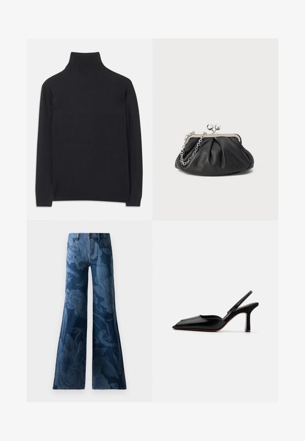 Juodas golfas, pagamintas iš minkštos medžiagos. Jis turi ilgomis rankovėmis, aukštu kaklu ir šonkauliniais rankogaliais bei apvadu, suteikiančiais prigludusį įvaizdį.; Tamsiai mėlyni džinsai su plačiais kraštais, puošti toniniu gėlių raštu. Standartinis penkių kišenių dizainas su priekiniais mygtukais ir užtrauktuku.; Juodas odinis slingback kulnas su smailiu nosiu, minimalizmo stilius, plonas kulkšnies dirželis ir elegantiškas stiletto kulnas. Lygus paviršius.; Juodas odinis delninukas su susiraukusiu tekstūru, sidabrinės spalvos metalo rėmas, uždaromas užsukamu užtrauktuku bei grandinėlės dirželis. Lygus, minkštas paviršius.