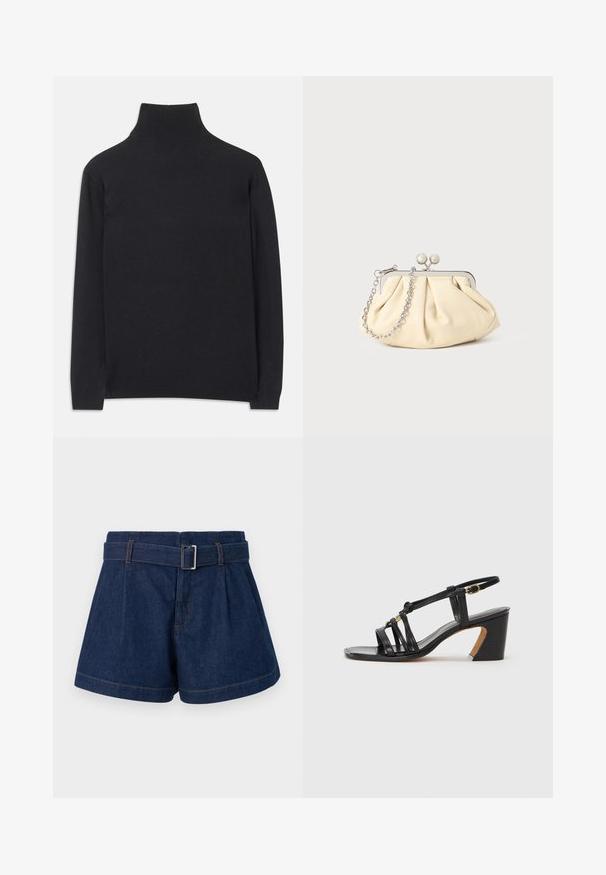 Čierny rolák z mäkkej tkaniny. Má dlhé rukávy, vysoký golier a rebrované manžety a lem pre priliehavý vzhľad.; Tmavomodré deninové šortky s širokým plisovaným dizajnom, opasok s kovovou sponou a viditeľné oranžové šitie.; Paul Smith AMIRA - Klasické lodičky na opätku - black; Zhlý béžový kožený klobúk so strieborným kovovým rámom, ktorý má dve okrúhle dekoratívne zámky a strieborný reťazový popruh.