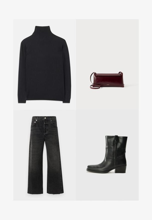 Crna rolka izrađena od mekanog materijala. Ima duge rukave, visoki ovratnik te rebraste rukave i donji rub za prilagodljiv izgled.; Crne široke traperice izrađene od denima, s visokim strukom, metalnim kopčanjem, pet džepova i sirovim rubovima na nogavicama.; Crne kožne čizme do članaka s okruglim vrhom, blok potpeticom, bočnim patentnim zatvaračem i detaljima od šavova na gornjem dijelu. Glatka tekstura, klasičan dizajn.; Bordo kožni torbica preko tijela s glatkom teksturom, pravokutnim oblikom, preklopom i tankim podešivim remenom. Vidljiv zlatni detalj s logotipom.