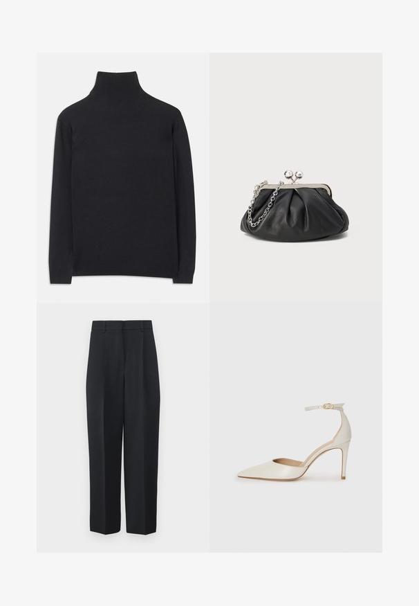 Zwarte coltrui gemaakt van zacht materiaal. Heeft lange mouwen, een hoge hals, en ribbelachtige boorden en onderkant voor een aansluitende look.; WEEKEND MaxMara RONCHI - Broek - blu; Witte leren hoge hak schoen met een spitse neus, enkelbandje en een slanke stiletto hiel. Gladde textuur met een subtiele glanzende afwerking.; Zwarte leren clutch met geplooide textuur, zilverkleurig metalen frame, drukknopsluiting en kettingriem. Glad, zacht oppervlak.