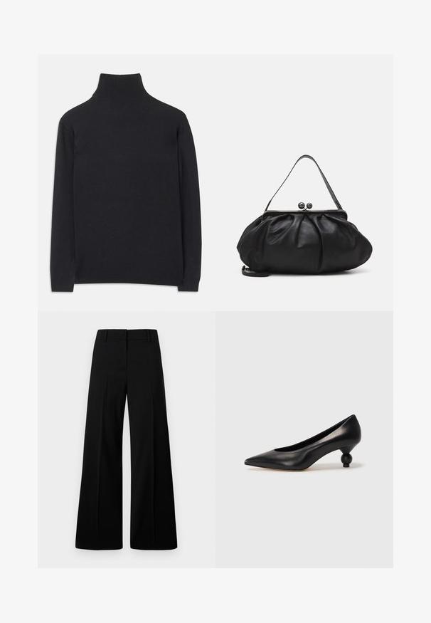 Juodas golfas, pagamintas iš minkštos medžiagos. Jis turi ilgomis rankovėmis, aukštu kaklu ir šonkauliniais rankogaliais bei apvadu, suteikiančiais prigludusį įvaizdį.; Juodos plačios kelnės su lygaus paviršiaus tekstūra, struktūritu liemeniu ir priekiniu raukšlėjimu. Minimalistinis dizainas be matomų detalių.; Juoda odinė aukštakulnė bateliai su smailiu pirštu ir apvaliu, iškiliu kulnu. Lygus paviršius su elegantišku, minimalistiniu dizainu.; Juodas odinis rankinė su apvalia, raukšlėtą dizainą. Priedai metalinė užsegimas su dviem dekoratyvinėmis kamuoliukais ir plona, nuimama pakaba.