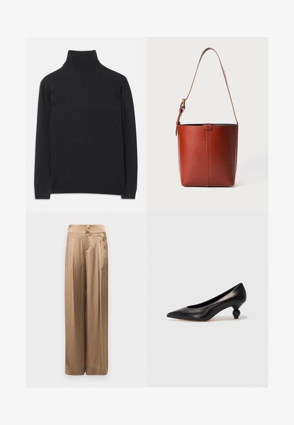 Čierny rolák z mäkkej tkaniny. Má dlhé rukávy, vysoký golier a rebrované manžety a lem pre priliehavý vzhľad.; Široké nohavice z kovového bronzového materiálu. Majú hladkú textúru, vysoký pás a predné skladby pre dodatočný tvar.; Čierna kožená vysoká topánka na podpätku s ostrým špičkou a okrúhlym, guľatým podpätkom. Hladký povrch s moderným, minimalistickým dizajnom.; Hnedá kožená vedierková kabelka s nastaviteľným ramenným popruhom a zlatým sponou, jednoduchý vertikálny šev na prednej strane.