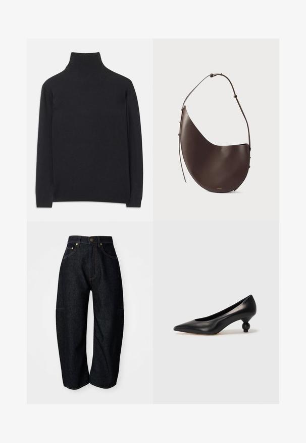 Pulover negru cu guler înalt, fabricat dintr-un material moale. Are mâneci lungi, un guler înalt și manșete și tiv cu dantelă pentru un aspect ajustat.; Jeans din denim închis, cu o croială lejeră, având cusături subtile portocalii, buzunare frontale și un brâu plat cu închidere prin buton.; Pantofii cu toc înalt din piele neagră, cu vârf ascuțit și toc rotund, mimos. Textură netedă, cu un design elegant și minimalist.; Geantă din piele maro cu o formă curbată, curea unică și un design minimalist. Prezintă un logo subtil și accente din aur.