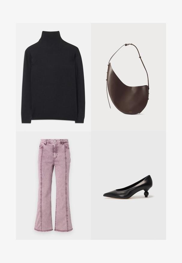 Melns augstais kakls džemperis no mīksta auduma. Tam ir garas piedurknes, augsts kakls un ribotas aproces un apakšmala, lai radītu pieguļošu izskatu.; Violeta džinsu bikses ar platām kājām un augstu jostasvietu, ar redzamām šuvēm gar malām un neapstrādātu apakšmalu.; Melnas ādas augstpapēžu kurpes ar smailu purngalu un apaļu papēdi. Gluda tekstūra ar elegantu, minimālistisku dizainu.; Brūnas ādas rokas soma ar izliekumu, vienu siksnu un minimālistisku dizainu. Iezīmēta ar nemanāmu logo un zelta apdari.