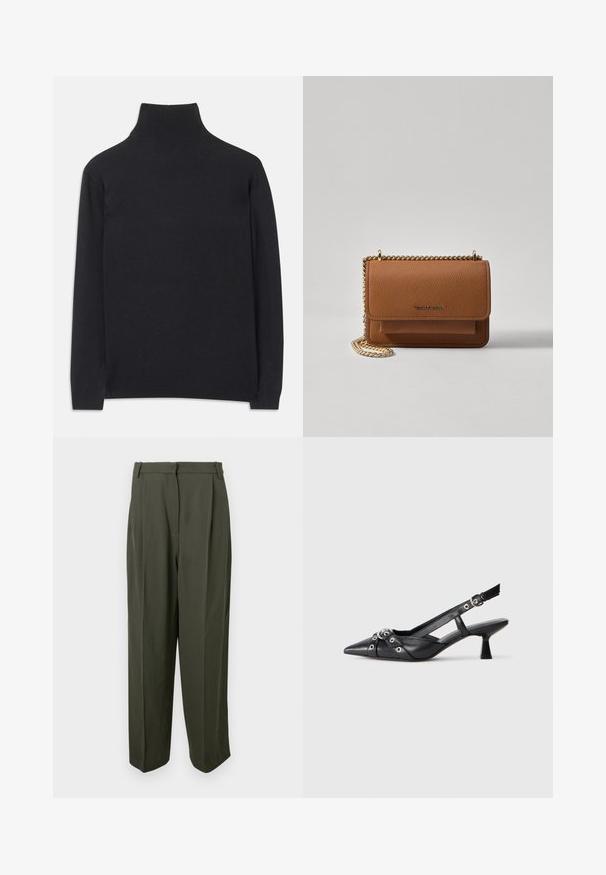 Juodas golfas, pagamintas iš minkštos medžiagos. Jis turi ilgomis rankovėmis, aukštu kaklu ir šonkauliniais rankogaliais bei apvadu, suteikiančiais prigludusį įvaizdį.; Alyvuogių žalumo spalvos kelnės, pagamintos iš lygaus audinio, su aukštu juosmeniu, klostėtu priekiu ir plačiomis kelnėmis. Nėra matomų kišenių ar puošmenų.; Juodas odinis slingback tipo batai su smailiu priekiniu atvartu, dekoratyvinėmis sagtimis su metaliniais akyčiais ir žemu blokiniu kulnu. Saldus paviršius.; Ruda tekstūruota odinė per petį nešama rankinė su auksiniu grandininiu dirželiu ir užlenkiamo užsegimo. Priekinėje pusėje yra logotipo detalė ir kišenė po užlenkimu.