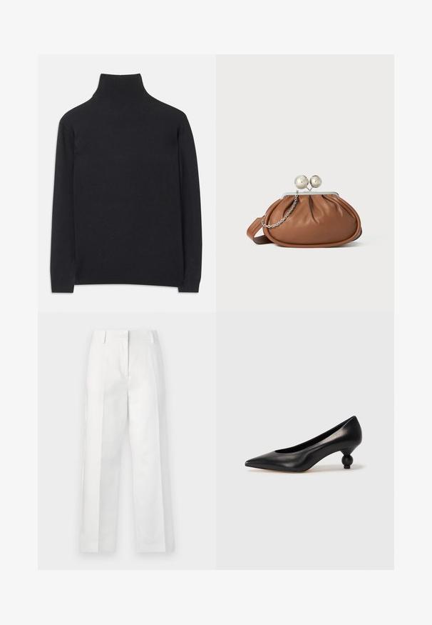 Maglione a collo alto nero realizzato in tessuto morbido. Caratterizzato da maniche lunghe, un collo alto e polsini e orlo a coste per un look aderente.; Pantaloni bianchi a gamba larga realizzati in un tessuto leggero, con pieghe frontali, due tasche posteriori e una texture liscia.; Scarpa con tacco alto in pelle nera, con punta affilata e tacco arrotondato e bombato. Texture liscia con un design elegante e minimalista.; Pochette in pelle marrone con chiusura a sfera argentata e un piccolo dettaglio a catena argento su sfondo bianco.