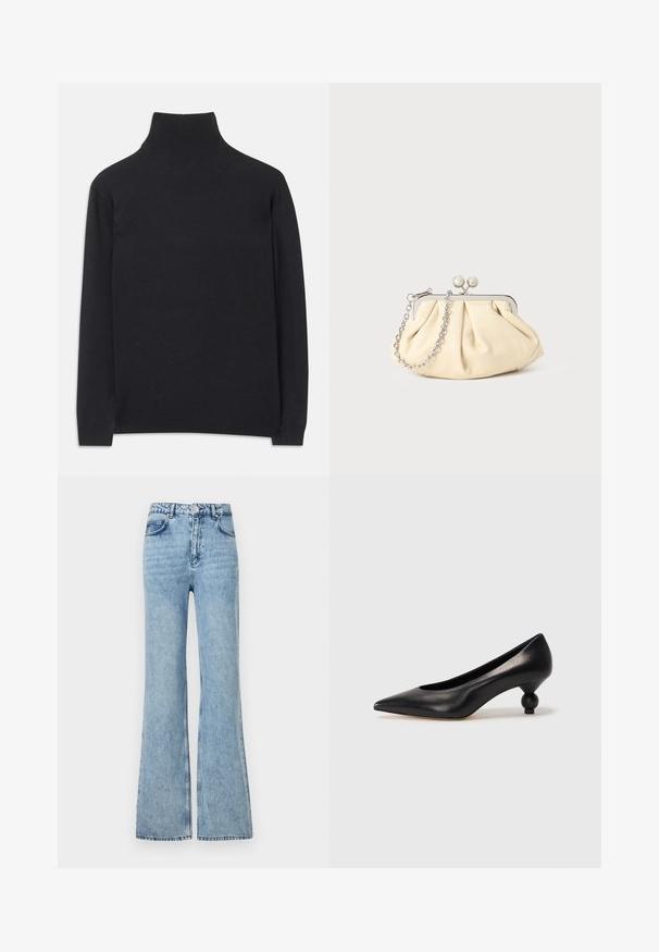 Čierny rolák z mäkkej tkaniny. Má dlhé rukávy, vysoký golier a rebrované manžety a lem pre priliehavý vzhľad.; Stieglitz BASIC  - Džínsy voľného strihu - denim blue; Čierna kožená vysoká topánka na podpätku s ostrým špičkou a okrúhlym, guľatým podpätkom. Hladký povrch s moderným, minimalistickým dizajnom.; Zhlý béžový kožený klobúk so strieborným kovovým rámom, ktorý má dve okrúhle dekoratívne zámky a strieborný reťazový popruh.