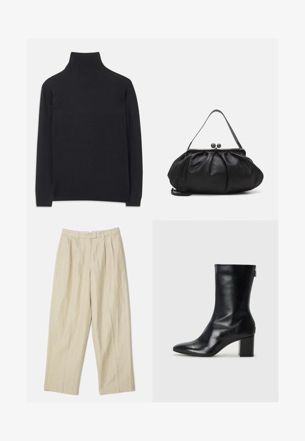 Black turtleneck sweater made of soft fabric. Features long sleeves, a high neck, and ribbed cuffs and hem for a fitted look.; Beige linen trousers with a wide-leg design, featuring front pleats, side pockets, and a smooth texture. Classic cut and versatile style.; Black leather ankle boot with a pointed toe and 4 cm block heel. Sleek design features a side zipper for easy wear. Smooth texture.; Black leather handbag with a rounded, pleated design. Features a metallic clasp with two decorative balls and a slim, detachable strap.