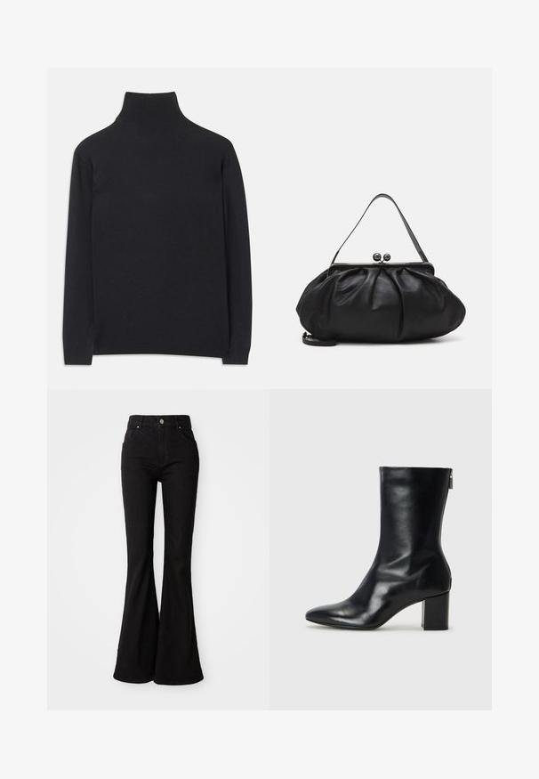 Must zwart pullovers, mis pehmeast kangast. Omab pikki varrukaid, kõrget kaelanupukest ning soonikute äärte ja alläärtega, et tagada mugav istuvus.; Mustad flared teksad, millel on kõrge vöökoht, nööbiga lukustus ja klassikaline viie tasku kujundus. Sile tekstuur ja ühtlane värv.; Must musta ankle boot teravaid varvastega ja 4 cm plokknõela. Suurepärase disainiga, millel on külgrihm lihtsaks läbi panemiseks. Sile tekstuur.; Must mustrida nahk-kott ümmarguse, kortsunud disainiga. Varustatud metallist klambriga, millel on kaks dekoratiivset palli ja õhuke, eemaldatav rihm.