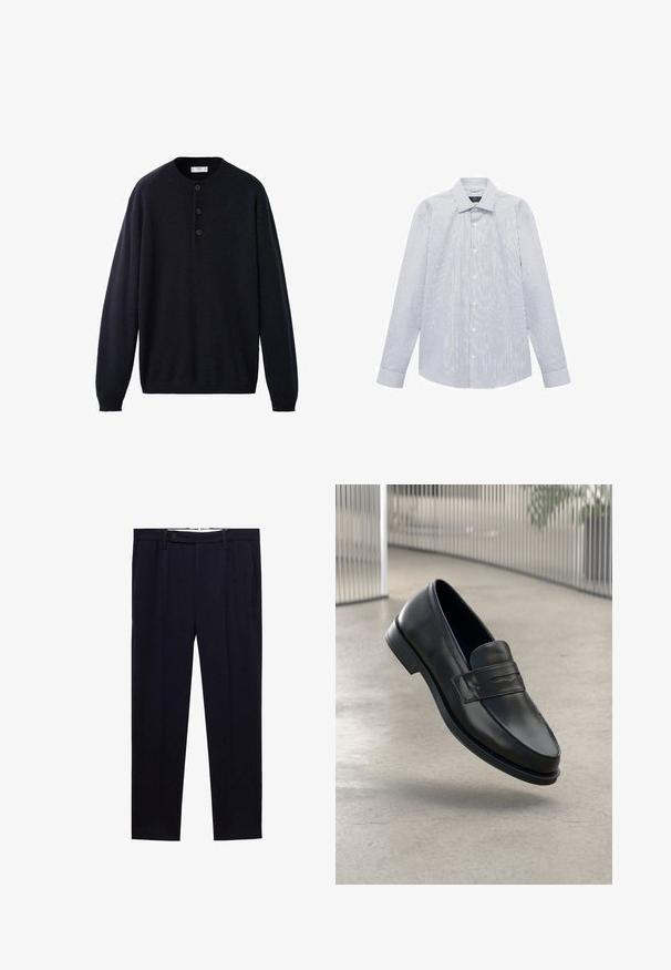 Granatowy sweter z długim rękawem z okrągłym dekoltem, wyposażony w listwę z guzikami oraz ściągacze na mankietach i u dołu, wykonany z miękkiej, teksturowanej tkaniny.; Biała koszula z długim rękawem w cienkie, pionowe czarne paski, z guzikiem z przodu i klasycznym kołnierzykiem.; Granatowe spodnie o prostym kroju, z podwójnymi plisami i zapięciem na guzik w talii. Wykonane z gładkiego materiału bez wzorów.; Czarna skórzana wsuwana półbut, o gładkiej fakturze, spiczastym nosku i ozdobnym paskiem na podbiciu. Lekka podeszwa, minimalistyczny design.