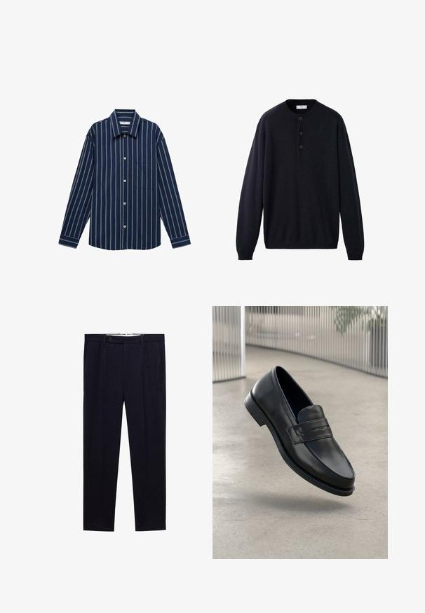 Pulover navy blue, cu mânecă lungă și guler rotund, având un sistem de nasturi și manșete și tiv cu nervuri, fabricat dintr-un material moale, texturat.; Cămașă albastru închis cu mânecă lungă, cu dungi verticale albe, cu guler cu nasturi și un singur buzunar pe piept. Fabricată dintr-un material neted.; Pantaloni bleu marin cu un design drept, cu pliseuri duble și închidere cu nasture la talie. Fabricat dintr-un material neted, fără modele.; Mocasini negri din piele cu textură fină, vârf ascuțit și o curea decorativă peste laba piciorului. Talpă ușoară, design minimalist.