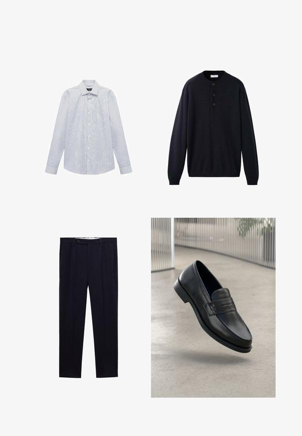Námořnická modrá, dlouhý rukáv svetr s kulatým výstřihem, s knoflíkovým zapínáním a žebrovanými manžetami a lemem, vyrobený z měkké, texturované tkaniny.; Bílá košile s dlouhým rukávem, tenkými vertikálními černými pruhy, s knoflíkovým zapínáním vpředu a klasickým límečkem.; Námořnické modré kalhoty s rovnými nohavicemi, dvojitými záhyby a knoflíkovým zapínáním v pase. Vyrobeny z hladkého materiálu bez vzorů.; Černá kožená mokasína s hladkou texturou, špičatou špičkou a ozdobným páskem přes nárt. Lehká podrážka, minimalistický design.