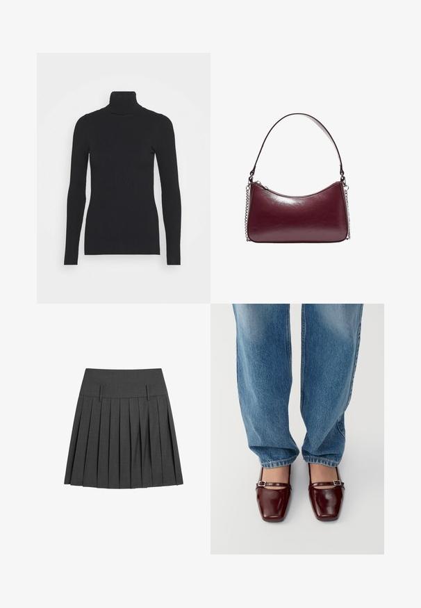 Schwarzer gerippter Rollkragenpullover, der lange Ärmel und eine figurbetonte Silhouette bietet. Die Textur ist glatt mit einem horizontalen Rippenmuster.; Faltierter grauer Rock aus strukturiertem Stoff, mit einem flachen Bund, zwei vorderen Laschen und mehreren vertikalen Falten für zusätzlichen Volumen.; Burgunderfarbene Lacklederschuhe mit quadratischer Zehenform und Knöchelriemen, kombiniert mit hellblauen, locker sitzenden Jeans. Die Schuhe haben eine glänzende Oberfläche.; Burgunderfarbene Lederhandtasche mit geschwungener Form, Reißverschluss und einer mit Kette verzierten Tragriemen. Glenzende, glatte Oberfläche.
