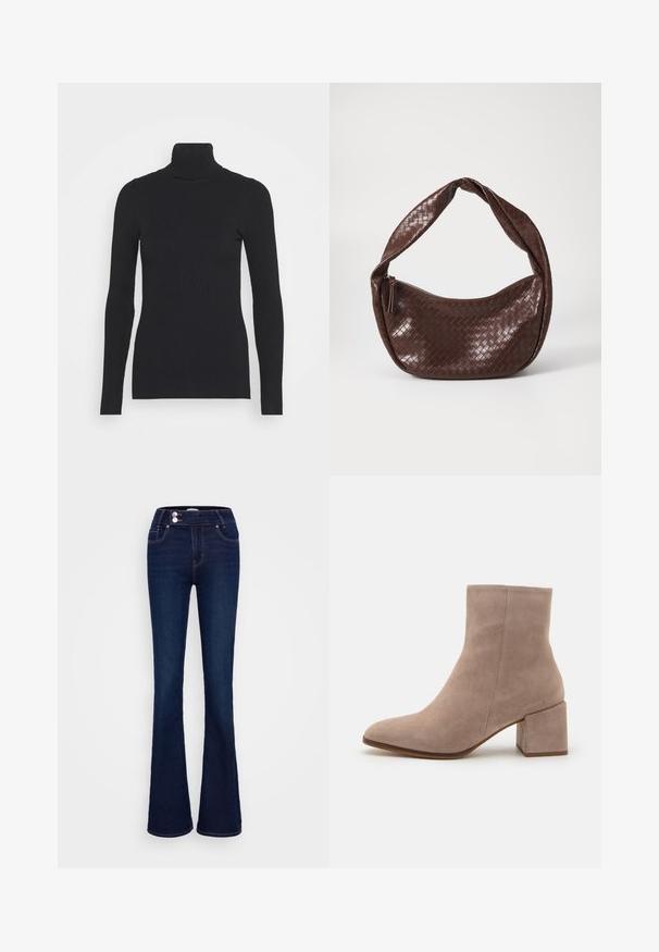 Černý žebrovaný rolák s dlouhými rukávy a těsným střihem. Textura je hladká s vodorovným žebrováním.; Tmavě modré rozšířené džíny s vysokým pasem, dvěma předními kapsami a dvěma knoflíkovými zapínáními. Vyrobené z denimu s hladkou texturou.; Beige semišové ankle boty s špičatou špičkou a robustním čtvercovým podpatkem. Povrch je hladký s jemnou strukturou a minimálními detaily.; Hnědá tkaná kožená taška s prohnutou, uzlovou rukojetí a zipovým uzávěrem. Hladký povrch a zaoblený tvar.