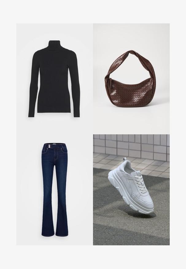 Must mustriba kaelusega sviiter, millel on pikad varrukad ja keha lähedal istuv siluett. Tekstuur on sile horisontaalse riba mustriga.; Tumedad sinised laiad teksapüksid, millel on kõrge talje, kaks eesmist taskut ja kaks nööbikinnitust. Valmistatud siledast denimist.; Valge nahast spordijalats, millel on paks, tekstuuriga kummitald, lace-up sulgemise ja õmblusdetailidega. Ümar varvas ja pahkluu toestamise disain.; Pruunist kootud nahast käekott, millel on kõver, sõlme käepide ja tõmblukk. Sile tekstuur ja ümar kuju.