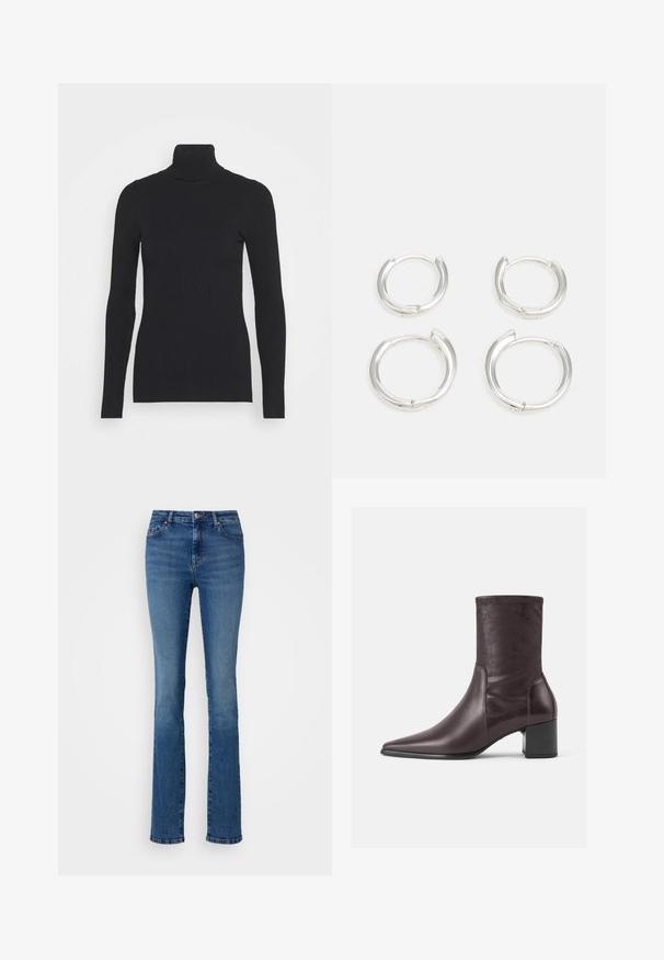 Crna rebrasta dolčevita, s dugim rukavima i uskim krojem. Tekstura je glatka s horizontalnim rebrastim uzorkom.; ONLY Tall ONLSUI MID - Traperice uskog kroja - medium blue denim; Bordo čizme do gležnja napravljene od glatke kože, s oštrim vrhom i blok-štiklom. Cijev je elegantna i uska, dosežući sredinu listova.; Srebrne kružne naušnice s glatkom, poliranom završnom obradom. Dva para u nešto različitim veličinama. Jednostavan, kružni dizajn, lagane.