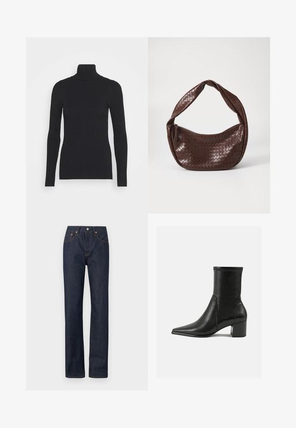 Pull noir à col roulé côtelé, doté de longues manches et d'une silhouette près du corps. La texture est lisse avec un motif de côtes horizontal.; Jeans en denim bleu marine avec une coupe droite, ornés de coutures orange, de cinq poches et d'un bouton de fermeture à la taille.; Bottine noire en cuir lisse, avec un bout pointu, un talon carré et des coutures surélevées distinctes au bord supérieur.; Sac à main en cuir tressé marron avec une poignée courbée et nouée, et une fermeture zippée. Texture lisse et forme arrondie.
