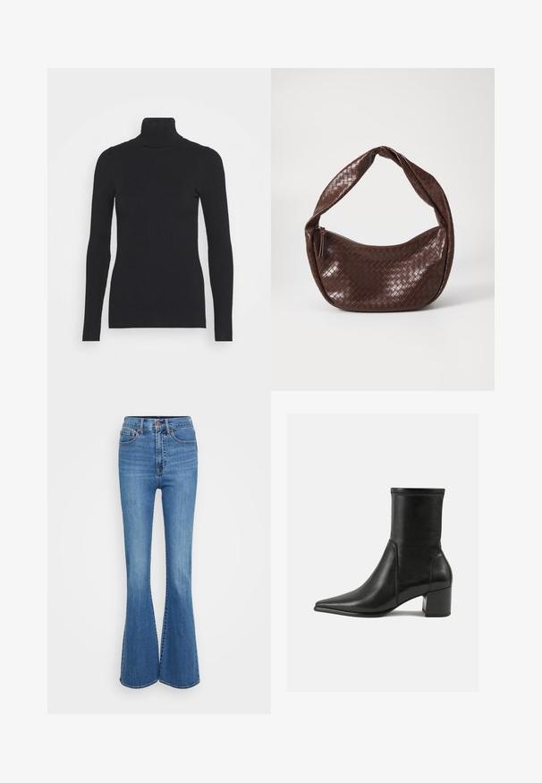 Črna rebrasta pulover s turtleneck ovratnikom, ki ima dolge rokave in tesno prilegajoč silhueto. Tekstura je gladka z vodoravnim rebrastim vzorcem.; Modri razširjeni kavbojki z visokim pasom, ki imajo šite žepke, kovinsko gumb in gladko teksturo. Klasična zasnova s petimi žepi.; Črne gležnjarje iz gladkega usnja, z izostrenim nosom, blokastim peto in izrazitim povišanim šivom na zgornjem robu.; Rjava prepletena usnjena torbica s ukrivljenim, vozlano ročajem in zadrgo. Gladka tekstura in okrogla oblika.