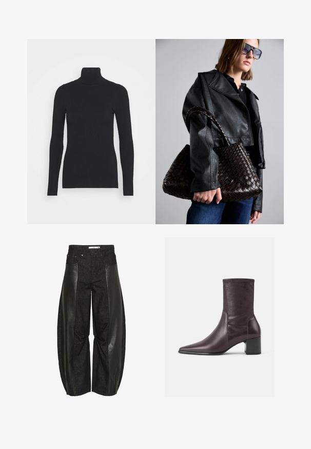 Must mustriba kaelusega sviiter, millel on pikad varrukad ja keha lähedal istuv siluett. Tekstuur on sile horisontaalse riba mustriga.; Mustad püksid, millel on segu denimist ja nahast paneele. Disain on laia säärega ja erinevad tekstuurid loovad silmapaistva visuaalse kontrasti.; Burgundia värvi pahkluusaapad, mis on valmistatud siledast nahast, terava varbaga ja ploki kontsaga. Varre välimus on slaaveline ja sobib hästi, ulatudes keskmise säärteni.; DRAGON DIFFUSION SANTA CROCE BIG - Käekott - dark brown