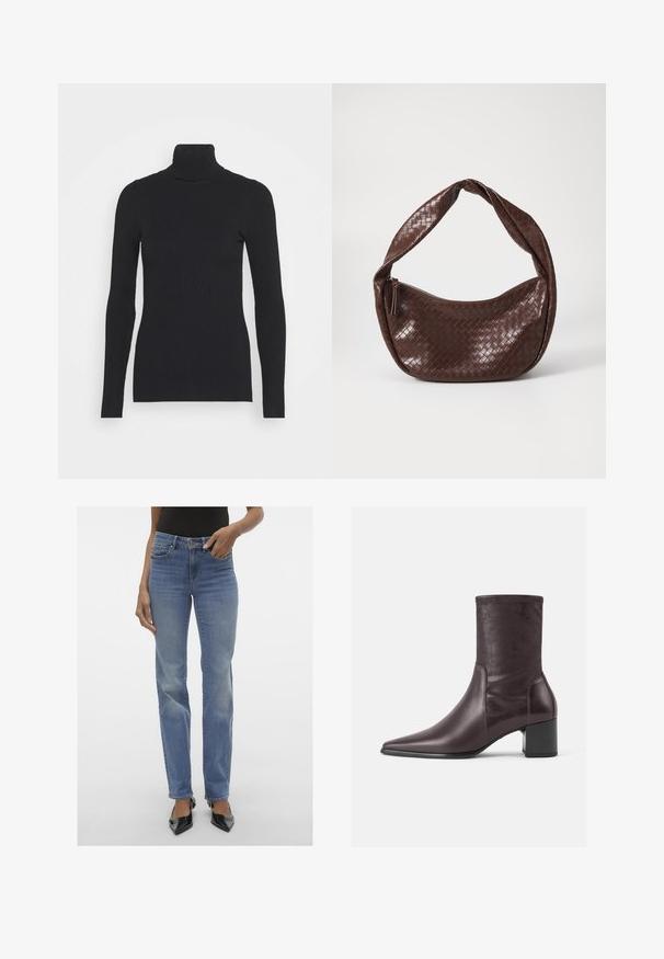 Črna rebrasta pulover s turtleneck ovratnikom, ki ima dolge rokave in tesno prilegajoč silhueto. Tekstura je gladka z vodoravnim rebrastim vzorcem.; Prilega modra kavbojka z rahlo izbledelim zaključkom, petimi žepi in zapiranjem na zadrgo. Noge imajo raven kroj.; Burgundske gležnjače iz gladke usnjene s koničastim nosom in blok peto. Njihov zgornji del je eleganten in prilegajoč, sega do sredine tele.; Rjava prepletena usnjena torbica s ukrivljenim, vozlano ročajem in zadrgo. Gladka tekstura in okrogla oblika.