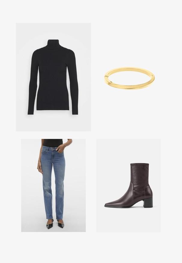 Suéter ajustado de canalé negro con cuello alto, que presenta mangas largas y una silueta ceñida. La textura es suave con un patrón de canalé horizontal.; Jeans de mezclilla azul ajustados con un acabado ligeramente descolorido, cinco bolsillos y cierre de cremallera. Las piernas tienen un corte recto.; Botines burdeos hechos de cuero suave con punta afilada y tacón bloque. El caña es elegante y ajustado, extendiéndose hasta la mitad de la pantorrilla.; Brazalete de oro delgado y pulido con forma redonda y suave, con un sutil branding. Presenta un diseño sin costuras y una estética minimalista.