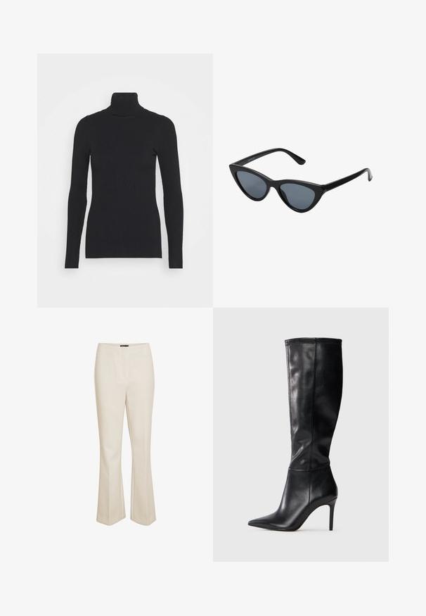 Black ribbed turtleneck sweater, featuring long sleeves and a close-fitting silhouette. The texture is smooth with a horizontal rib pattern.; Beige tailored trousers made of smooth fabric, featuring a fit that flares at the hem and a mid-rise waist with a discreet front seam.; Knee-high black leather boots with a pointed toe and stiletto heel, featuring smooth texture and minimalistic design without visible embellishments.; Black cat-eye sunglasses with dark gray lenses, sleek plastic frame, pointed corners, and straight temples. No visible hardware or accents.; Anna Field Handbag - brown