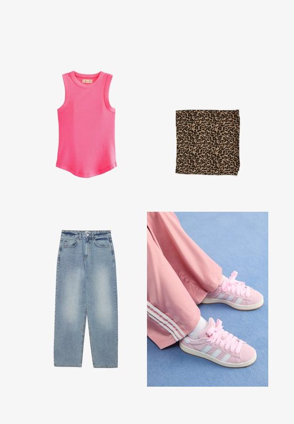 Grøn sweatshirt med ribbet tekstur, rund halsudskæring og lange ærmer. Har stor hvid tekst: "1% BEDRE END I GÅR." på forsiden.; Next RACER STANDARD - Top - fluro pink; Lyseblå denim jeans med løs pasform, lige ben-design, fem lommer og knaplukning i taljen. Glat tekstur.; Lyserøde atletiksko med lyseblå striber, rund tå og tykke lyserøde snørebånd, parret med lyserøde træningsbukser med hvide sidelister.; Leopardprintstof i beige med sorte pletter, glat tekstur, rektangulær form og foldet med færdige kanter.