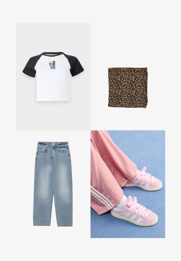 Zaļš džemperis ar ribotu tekstūru, apaļu kakla izgriezumu un garām piedurknēm. Priekšpusē ir liels balts uzraksts: "1% LABĀKS NEKĀ VĒL PIRMS."; Īsām piedurkņu t-krekls ar baltu ķermeni un melniem raglānu piedurkniem. Uz tā ir zemeņu un zila rokas grafika, kā arī melns teksts "OBEY".; Gaiši zili džinsi ar brīvu piegriezumu, taisnu kāju dizainu, pieciem kabatām un pogu aizdari jostasvietā. Gluda tekstūra.; Rozā sporta apavi ar gaiši ziliem svītrām, apaļu purngali, un bieziem rozā auklītēm, apvienoti ar rozā sporta biksēm ar baltām sānu svītrām.; Leparda raksta audums bēšā krāsā ar melniem plankumiem, gluda tekstūra, taisnstūra forma un salocīts ar apdarinātām malām.