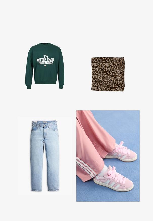 Zelena dukserica s rebrastom teksturom, okruglim dekolteom i dugim rukavima. Ima veliki bijeli natpis: "1% BOLJE OD JUČER." na prednjoj strani.; Svijetloplavi traperice visoki struk, ravnog kroja, s petljicama za pojas, prednjim dugmetom, zatvaranjem na munje i pet džepova.; Roze atletske tenisice s svijetloplavim prugama, okrugli vrh i debele roze vezice, u kombinaciji s roze trenirkama koje imaju bijele bočne pruge.; Tkanina s leopard uzorkom u bež boji s crnim točkama, glatke teksture, pravokutnog oblika i presavijena s dovršenim rubovima.
