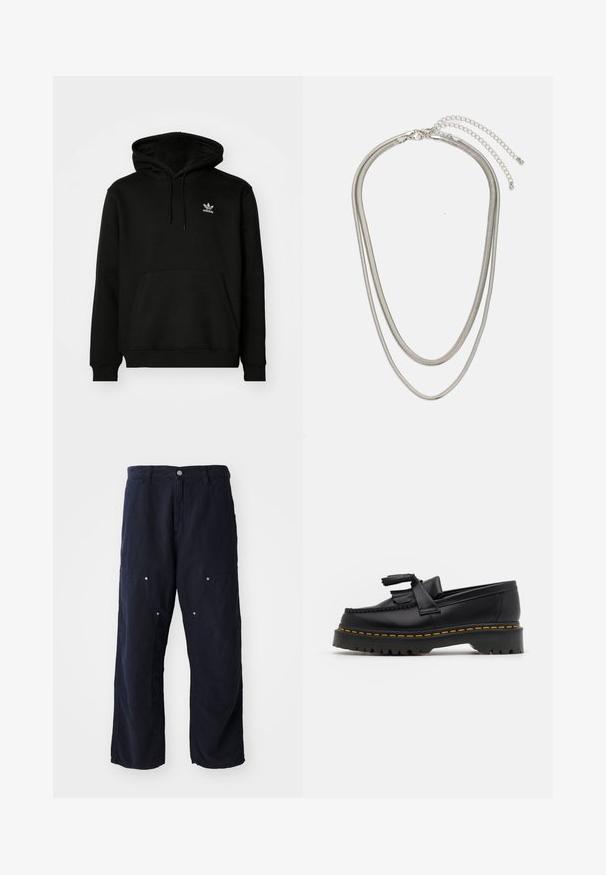 Črna kapuča s kapuco iz mešanice bombaža, vsebuje sprednji žep, rebraste manšete in majhen bel logotip na zgornjem levem prsnem delu.; Mornarsko modre hlače s širokimi nogavicami iz bombaža z teksturirano površino. Imajo dvoje sprednjih žepov z gumbnimi detajli in sprednje zapiranje na gumb.; Črne usnjene loafersice s kaširanim naglasom, z debelim črnim podplatom in rumenim šivom ob robu. Teksturirana površina.; Tri-slojni srebrni kovinski ogrlica z elegantnimi, fleksibilnimi verigami z rahlim leskom, varovana z zaponko s katero se zaključi in nastavljivo verigo.