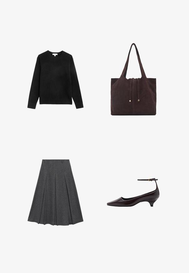 Marks & Spencer PURE CREW NECK - Strickpullover - black; Grauer, plissierter Rock mit ausgestellt Form, aus weichem Stoff. Verfügt über vertikale Falten und einen glatten Bund für einen figurschmeichelnden Look.; Dunkelbraunes, spitz zulaufendes Lederschuh mit Kitten-Heel, dünnem Knöchelriemen und kleiner goldener Schnalle.; Mango Shopping Bag - dark brown