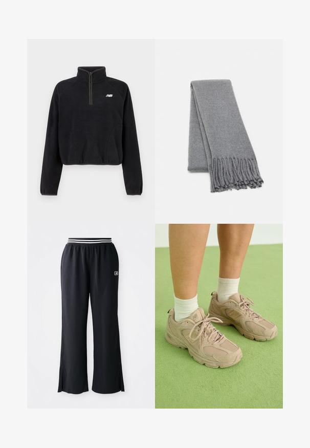 Crni flis pulover s četvrtastim zipom, elastičnim manžetama i bijelim New Balance logotipom na prsima.; Crne sportske hlače širokih nogavica, elastičan pojas sa crno-bijelim prugama i bočnim prorezima na rubu.; Bež sportske tenisice s reljefnom mrežastom gornjom površinom, podstavljenim ovratnikom i odgovarajućim vezicama, smještene na svijetlozelenoj pozadini.; Siva vuna šal s mekom teksturom, s resama na rubovima i jednostavnim dizajnom. Neatno presavijen, ističući svoj izduženi oblik.