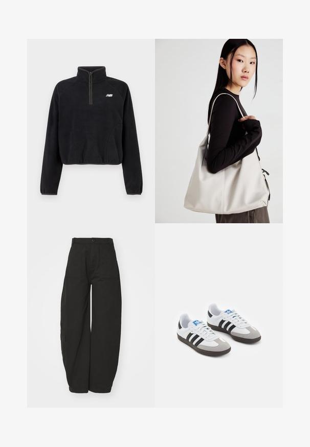 Sudadera de forro polar negra con medio zip, puños elásticos y logo blanco de New Balance en el pecho.; Pantalones negros de pernera ancha hechos de algodón, con una cintura alta, cierre frontal con botón y bolsillos laterales para mayor funcionalidad.; Zapatillas deportivas con parte superior de piel blanca, puntera de ante gris y tres rayas negras. Presentan un logo azul en la lengüeta y una suela de goma texturizada.; Bolso de mano beige hecho de material suave, con un diseño holgado, detalles cosidos y dos asas. Adecuado para uso diario.