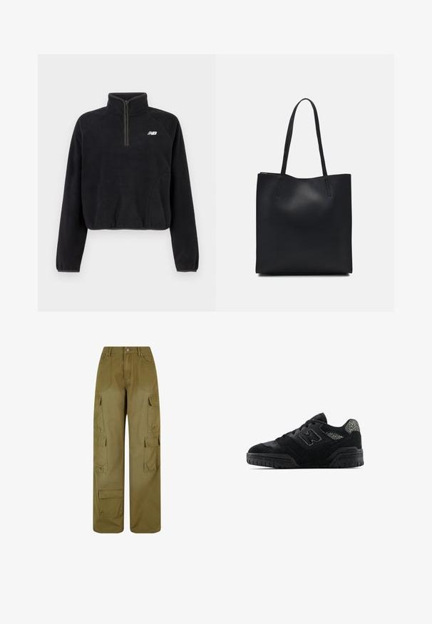 Zwarte fleece pullover met kwartrits, elastische boorden en wit New Balance-logo op de borst.; Olijfgroene cargo-broek van duurzaam materiaal; heeft wijde benen, meerdere zijzakken en een sluiting met knoop aan de voorkant.; Zwarte low-top sneaker met een gestructureerde zool, vetersluiting, suède panelen en een patroonaccent op de hiel en het zijlogo.; Zwarte leren handtas met een gladde textuur, rechthoekige vorm en twee lange handvaten. Geen zichtbare hardware of versieringen.