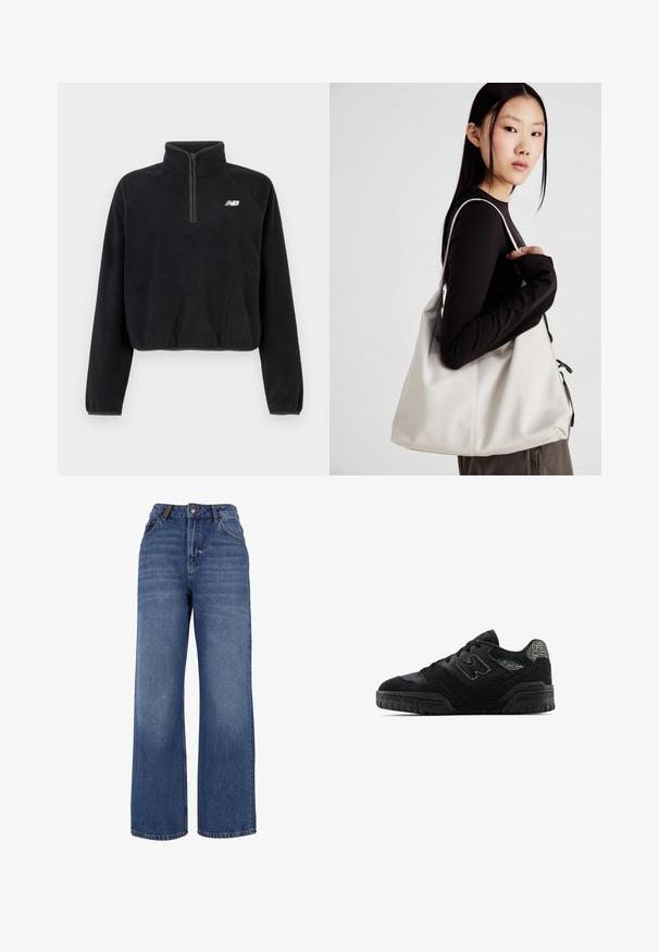 Sudadera de forro polar negra con medio zip, puños elásticos y logo blanco de New Balance en el pecho.; Pantalones vaqueros de pierna ancha hechos de tejido de algodón azul de peso medio. Presentan un diseño clásico de cinco bolsillos y una cremallera con cierre de botón.; Zapatilla negra de perfil bajo con suela texturizada, diseño de cordones, paneles de gamuza y acentos con patrón en el talón y el logo lateral.; Bolso de mano beige hecho de material suave, con un diseño holgado, detalles cosidos y dos asas. Adecuado para uso diario.