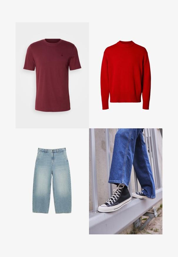 Červený svetřík s dlouhým rukávem a kulatým výstřihem, s žebrovaným límcem, manžetami a lemem, vystavený na bílém pozadí.; Burgundské tričko s kulatým výstřihem z bavlněné směsi s krátkými rukávy. Na hrudi má malé vyšívané logo a hladký povrch.; Světle modré džíny širokého střihu s vysokým pasem, jednoduchý design, jemné blednutí a rovný střih. Obsahují zapínání na knoflík vpředu a poutka na opasek.; Černé vysoké tenisky s bílou podrážkou a tkaničkami, v kombinaci s volnými modrými džíny, odpočívající na šedém zábradlí.