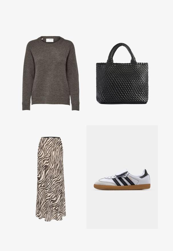 Sivi pleteni džemper s okruglim izrezom, dugim rukavima i mekim teksturom. Nema istaknutih uzoraka ili metalnih detalja.; Gestuz ZOFIA SKIRT - Velika suknja - black/white; Bijele kožne tenisice s crnim prugama i sivim detaljima, s okruglim vrhom i gumiranim potplatom. S čičak trakom i vezanjem.; Crna torba od tkanine s dva držača, koja ima teksturiranu površinu i pravokutni oblik. Jednostavan, jedinstven dizajn bez vidljivih dijelova hardvera.