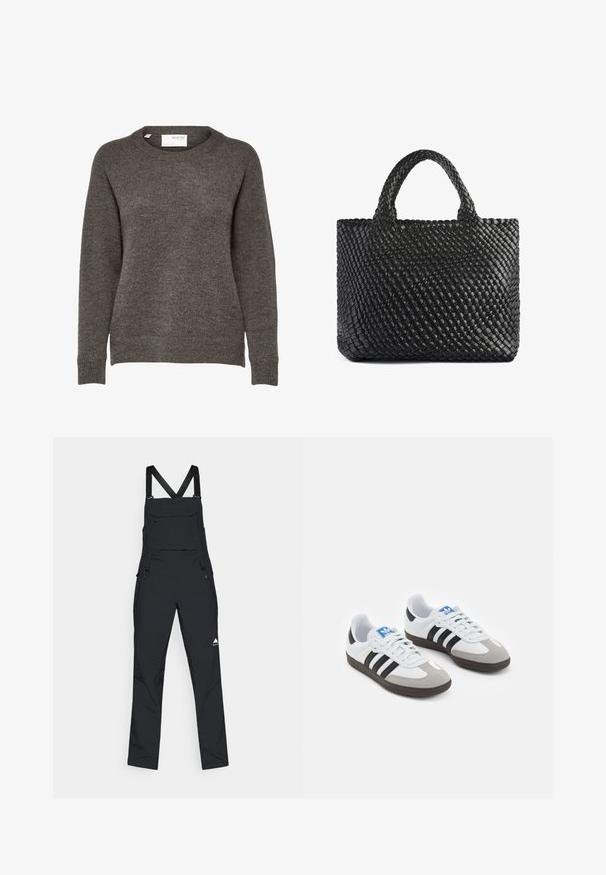 Pelēks adīts džemperis ar apaļu kakla izgriezumu, garām piedurknēm un mīkstu tekstūru. Nav redzamu izteiktu rakstu vai detaļu.; Melnas kopējās drēbes no izturīga auduma, ar regulējamiem siksnām, priekšējo kabatu un sānu rāvējslēdzējiem ērtai uzvilkšanai. Minimālistisks dizains ar logotipu.; Sporta apavi ar balto ādas virsu, pelēku zamšādas purngalu un trim melnām svītrām. Iezīmē zilu logotipu uz mēles un teksturētu gumijas zoli.; Melna austu iepirkumu soma ar divām rokturiem, ar teksturētu virsmu un taisnstūrveida formu. Vienkāršs, unikāls dizains bez redzamiem stiprinājumiem.