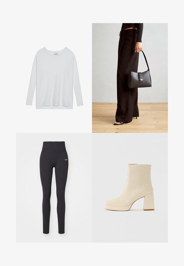 Top blanco de manga larga hecho de un tejido suave y acanalado. Presenta un escote redondo y un corte relajado con un dobladillo ligeramente alargado.; ICANIWILL DEFINE SEAMLESS POCKET - Leggings - navy; Botín de cuero beige hasta el tobillo con tacón bloque y suela de plataforma, de acabado liso y puntera ligeramente cuadrada, mirando a la izquierda sobre fondo blanco.; Bolso negro con forma estructurada, textura suave y un cierre metálico. Combinado con pantalones anchos negros y sandalias de dedo en un suelo de madera.