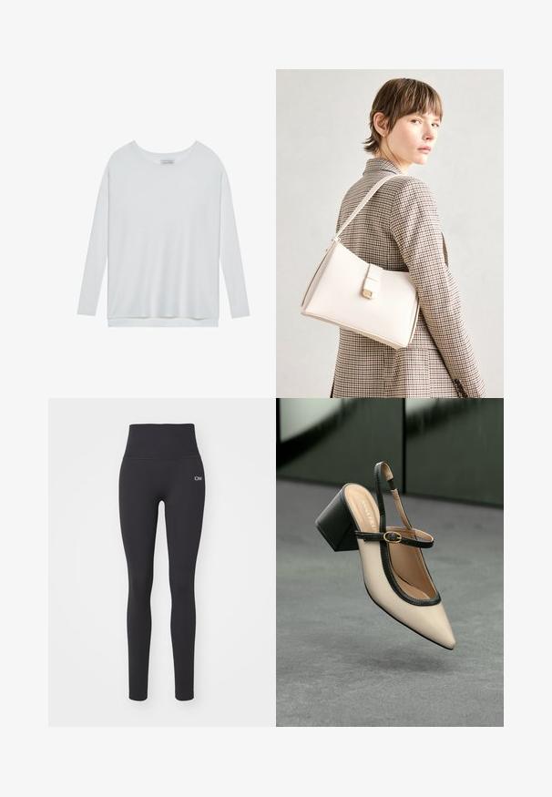 Garšām piedurknēm balta blūze, izgatavota no mīksta ribota auduma. Iekļauj apaļu dekoltē un brīvu piegriezumu ar viegli pagarinātu apakšmalu.; ICANIWILL DEFINE SEAMLESS POCKET - Legingi - navy; Beige smailā purngalā siksnu kurpe ar melnu akcentu, zelta sprādzi un masīvu bloku papēdi uz pelēka grīdas ar tumši zaļu fonu.; Balta ādas rokassoma ar strukturētu dizainu, kurai ir magnētiska aizdare un plecu josta, parādīta uz neitrāla fona.