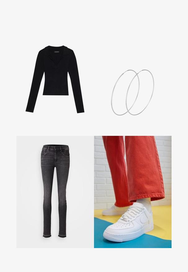 Must siled pikkade varrukatega pehme kaelusega must ribaga topp, mis on valmistatud venivast kangast, omades figuuri hoolivalt järgivat lõiget ning õrnalt tekstuurset pinna.; Mustad teksad, millel on kitsas lõige, esipocketid, nööbiga sulgemine ja kulunud ääred pahkluul. Sile tekstuur koos peene pleekimisega.; Valge nahast tennis, millel on perforeeritud varvas, tekstureeritud tallad ja valged shoelaces, kombineeritud laia punase pükste ja sinise ning kollase taustaga.; Hõbedased rõngastikkaehingad minimalistlikus disainis. Ümar kuju, sile tekstuur ja õhuke profiil. Kerged ning poleeritud viimistlusega.