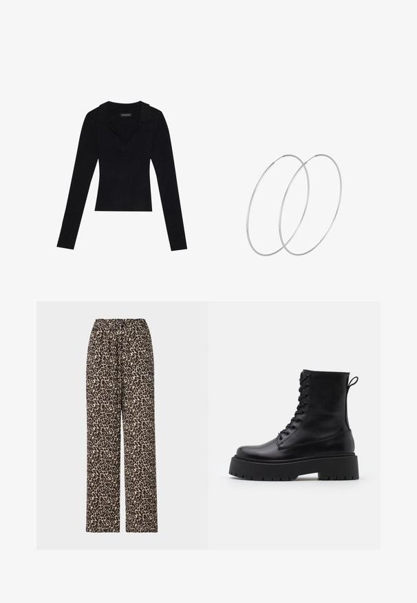 Melnā ribota garām piedurknēm topi ar apkakles izgriezumu, izgatavots no elastīga auduma, ar pieguļošu siluetu un smalku tekstūru.; Lauku raksta bikses ir melna un bēša raksta, ar elastīgu jostasvietu un taisna piegriezuma dizainu. Izgatavotas no mīksta, viegla auduma.; Melni ādas potītēm zābaki ar apļveida purngalu, auklām priekšpusē un biezu gumijas zoli ar teksturētu protektoru. Velkšanas cilpa aizmugurē.; Sudraba gredzenveida auskari ar minimālistisku dizainu. Cirkulāra forma, gluda tekstūra un plāns profils. Vieglu svaru ar spīdīgu apdari.