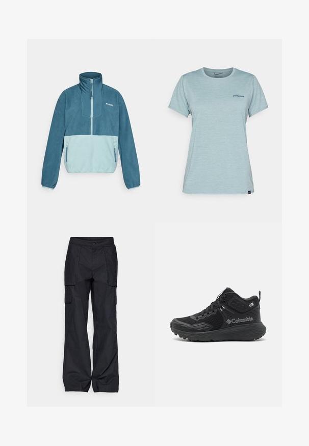 Blå og lyseblå fleece genser med halv glidelås, stående krage, glidelås-lommer på sidene, og Columbia-logo på brystet.; Lyseblå kortermet t-skjorte laget av myk, pustende stoff, med en liten marineblå logo på brystet og rund hals.; Columbia BREA FALLS™ COTTON RIPSTOP PANT - Friluftsbukser - black; Columbia KONOS™ TRS OUTDRY™ MID - Fjellsko - black/shark