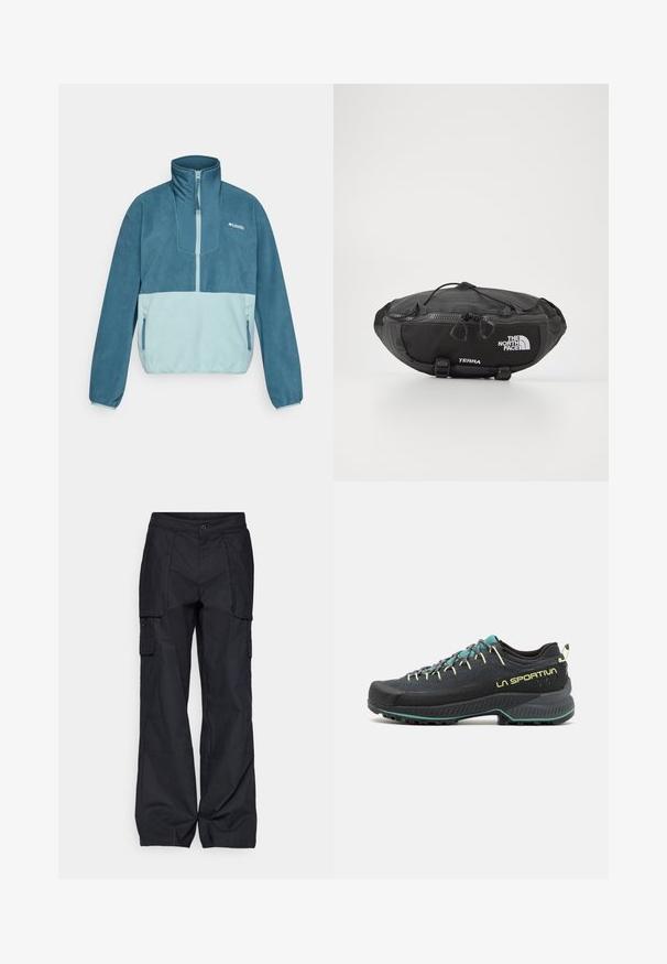 Kék és világoskék bolyhos pulóver, fél cipzárral, állógallérral, cipzáras oldalzsebekkel és Columbia logóval a mellkason.; Columbia BREA FALLS™ COTTON RIPSTOP PANT - Szabadtéri nadrágok - black; Fekete túrabakancs türkiz és sárga kiegészítőkkel. Texturált felsőrésszel, párnázott talppal és tartós gumitalppal rendelkezik, amely tapadóságot biztosít.; The North Face TERRA LUMBAR 3L UNISEX - Övtáska - asphalt grey/black